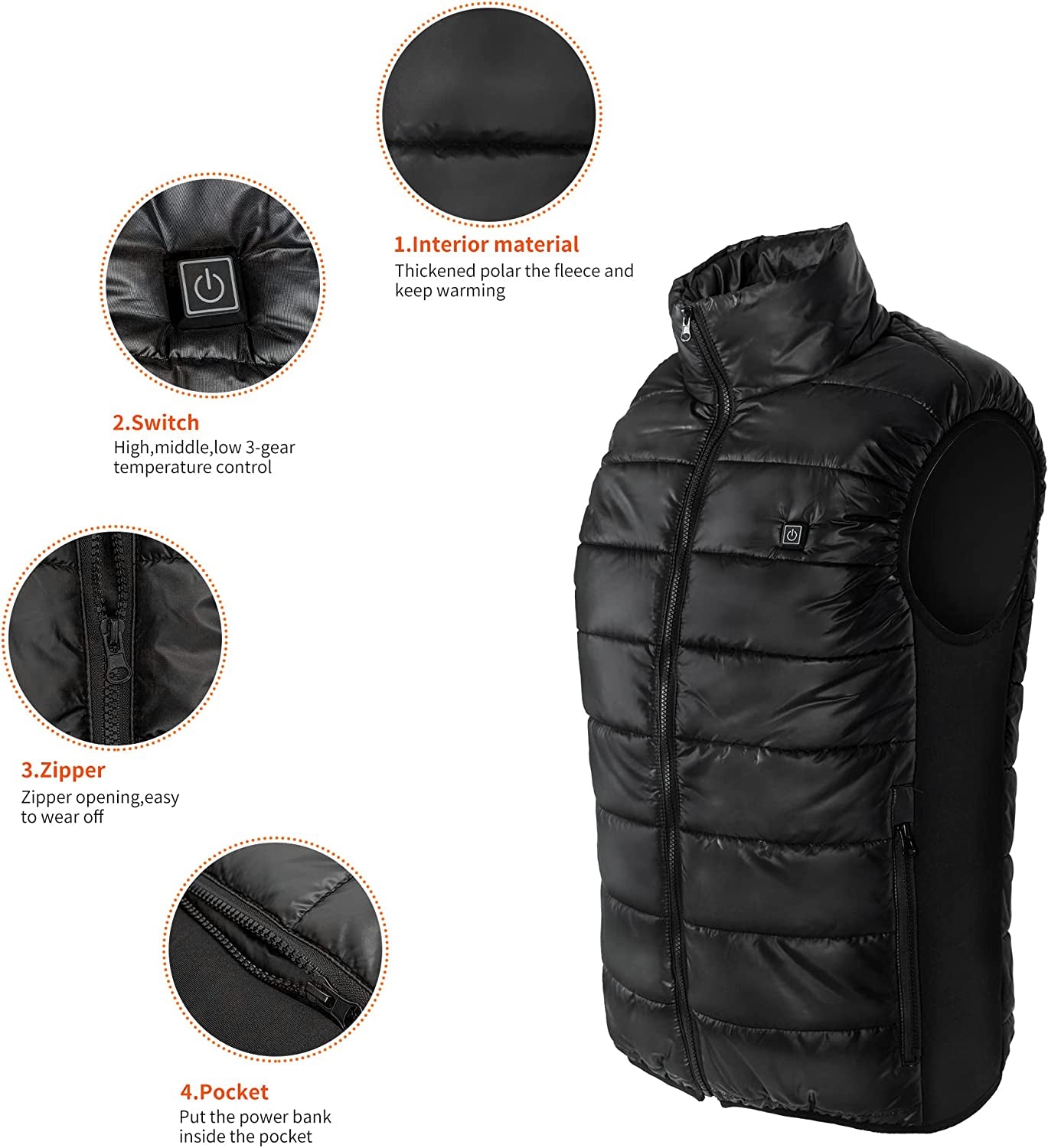 Heated Vest for Men TOSOHMK Warmer Heated Jacket Lightweight Black Electric Warming Vest for Snow Motorcycle Hunting Fishing