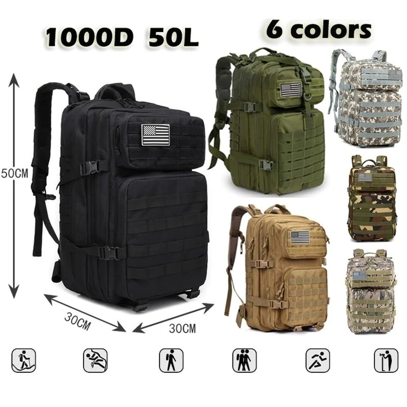 50L 1000D Nylon Waterproof Trekking Fishing Hunting Bag Backpack Outdoor Military Rucksacks Tactical Sports Camping Hiking