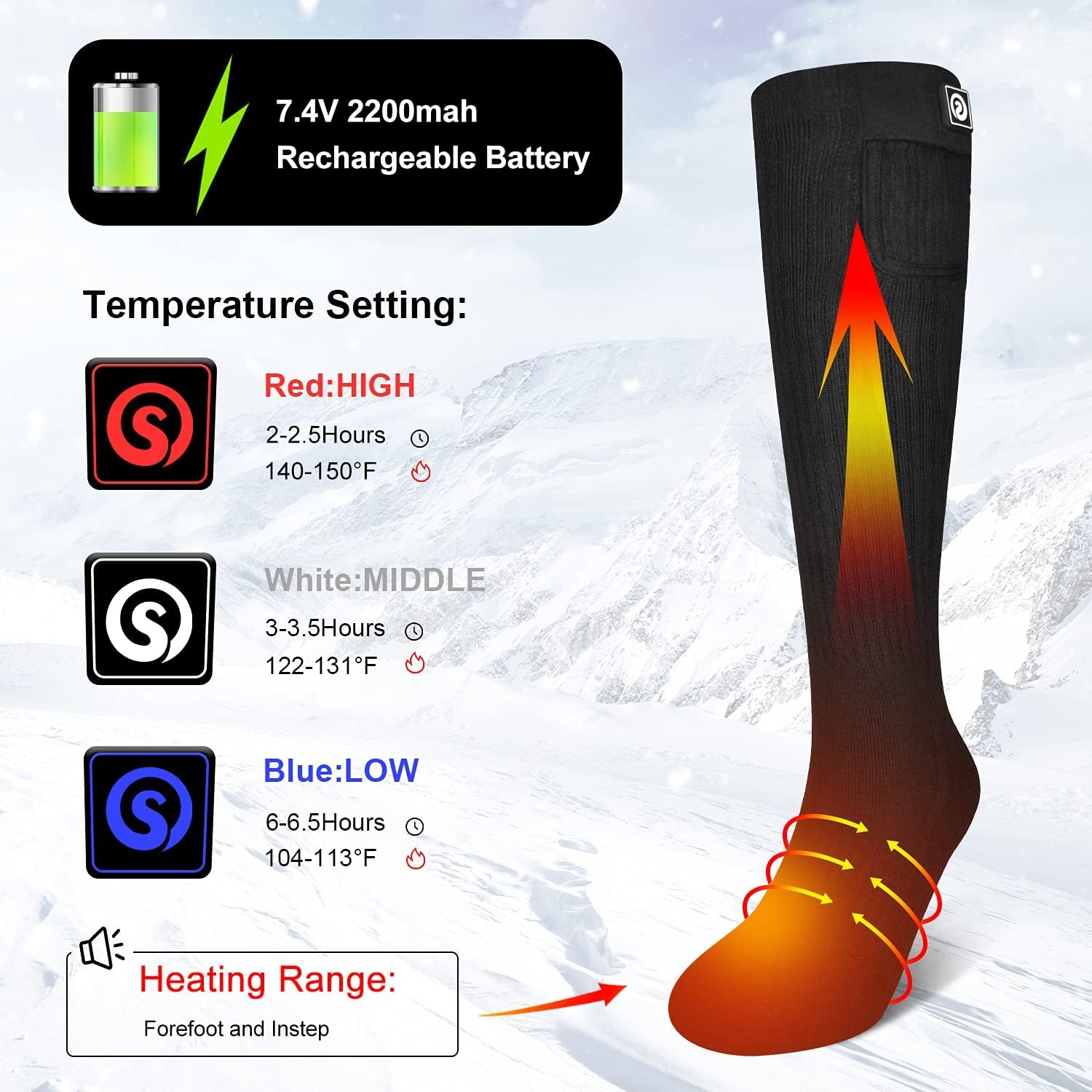 7.4V Electric Rechargeable Battery Heated Socks, Long Heated Socks for Men Women, Washable Foot Warmer for Camping Skiing Hiking Cycling (No Laundry Bag)