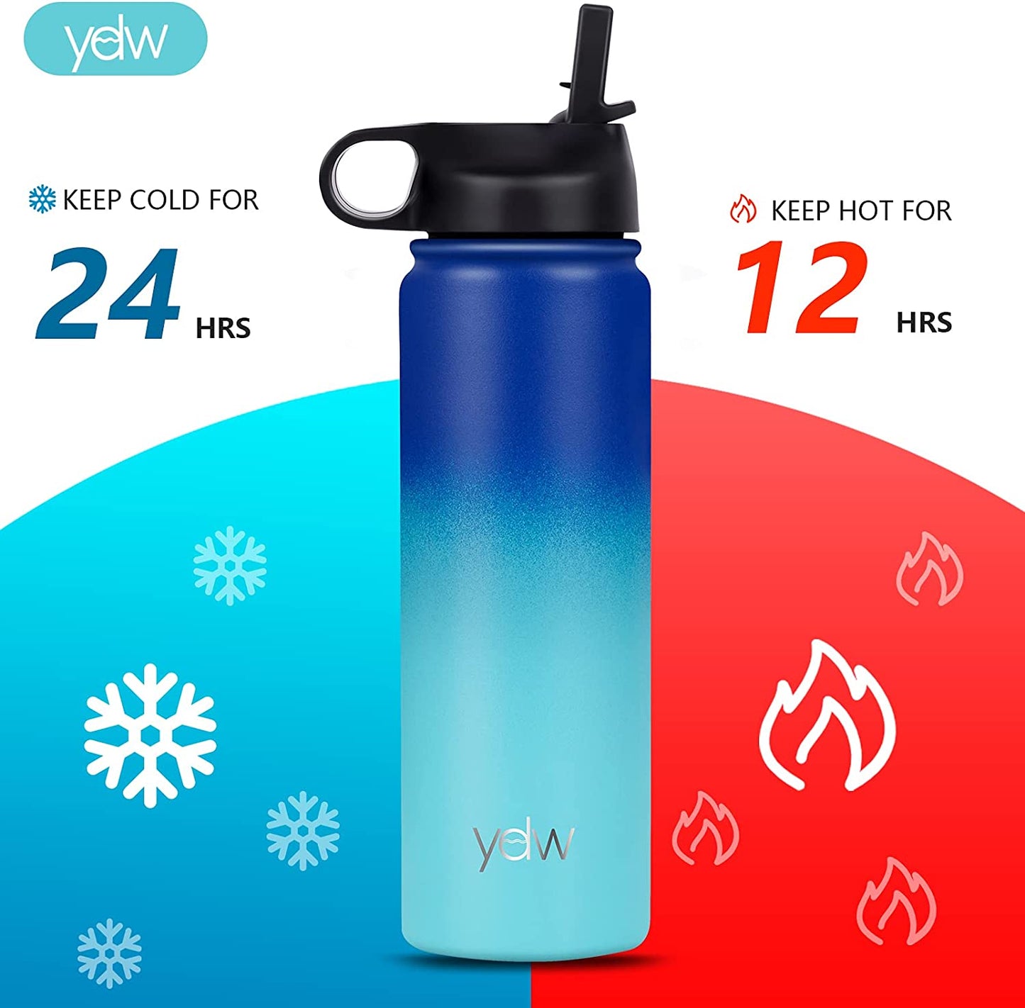 Stainless Steel Double Wall Water Bottle, Sweat-Proof Vacuum Insulated Bottle with Straw Lid (18Oz, 22Oz, 32Oz), BPA Free to Keep Beverages Cold for 24 Hrs or Hot for 12 Hrs